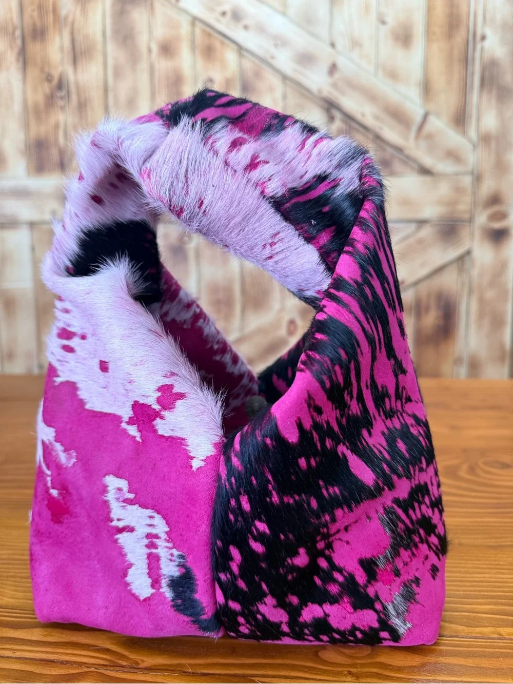 Pink and Black cowhide mini hobo Bag with Tassel Accessory and coin wallet